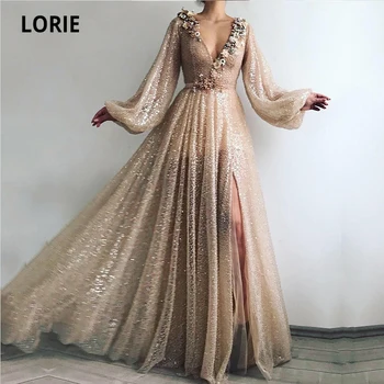 LORIE Bling Arapça Abiye V Yaka Şampanya Boncuklu İnciler A-Line Sequins Uzun Kollu Dubai Balo Elbisesi Parti Elbise