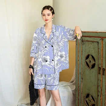Maison Gabrielle 2021 Yeni Yaz Çizgili Çiçek Baskılı Pijama Seti İpek Saten 2 Parça Loungewear Pijama Kadınlar için Kısa