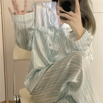 Mavi Çizgili İpek Sonbahar Pijama Seti Kadın Tek Göğüslü Gömlek Tops + Uzun pantolon seti Ins Kore Pijama İki Parçalı Ev Takım Elbise