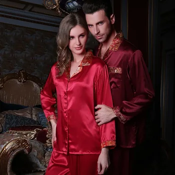 Moda Marka Gerçek Ipek Çift Pijama Iki Parçalı Kırmızı 100 % Ipek Pijama Kadın Erkek Bahar Sonbahar Uzun Kollu Pijama Setleri OY11