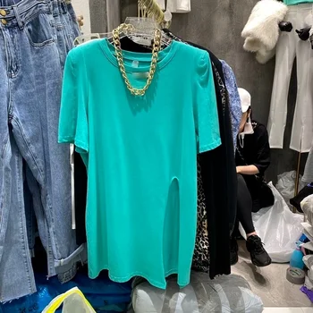Moda Tasarım Katı Uzun Kadın T-shirt Yaz Yeni 2021 Gevşek Büyük Boy Rahat Tüm Maç Kadın Çeker Tees Tops