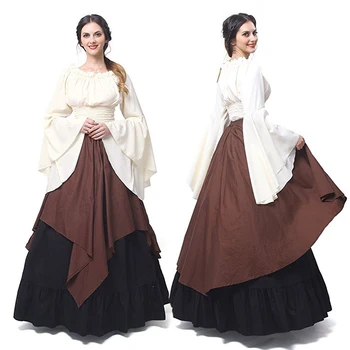 Ortaçağ Fransız Manor Kız Cosplay Kostüm Rönesans Victorian Straplez Fırfır Uzun Flared Kollu Elbise Tatil Parti Kıyafet