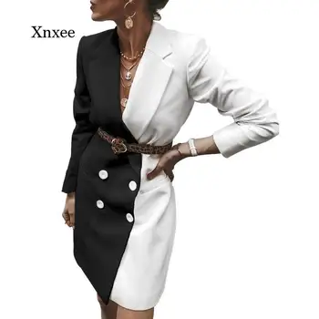 Patchwork Uzun Blazer Elbise Kadın Takım Elbise Kruvaze Ceket Bodycon Ofis kadın ceketi Kadın Rüzgarlık Palto Elbise