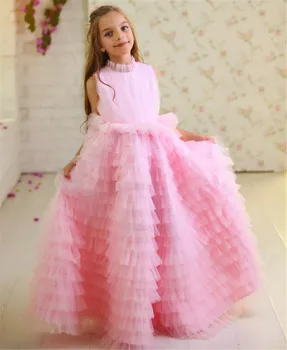Pembe Uzun Prenses Tül Elbise Kabarık Çiçek Kız Elbise Düğün Pageant Parti Elbisesi Kız Elbise İlk Communion Elbise