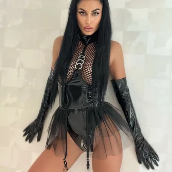 PU Deri İç Çamaşırı Seksi Gotik Kadın İç Çamaşırı See Through Fishnet Yaramaz Kostümleri Şeffaf Dantel Aşınma Altında Erotik Samimi