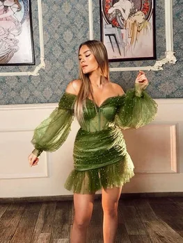 Ruffles Balo Mini Elbise Kadınlar İçin Yeşil Straplez Vestidos Seksi Kokteyl Parti Kıyafeti Plaj Zarif abiye