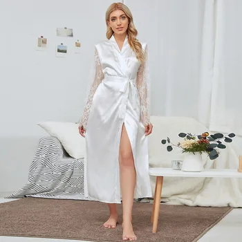 Sanderala Seksi Kadın Dantel Elbise V Boyun Kuşaklı Kadın Beyaz Pijama Zarif Saten Elbisesi Bornoz Ev Pijama Saten Elbise Bahar