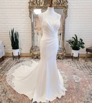 Saten düğün elbisesi Vintage Sivil 2021 Sweep Trainm Mermaid Dantel Aplikler Kolsuz Robe De Mariee Sevgiliye Zarif Basit