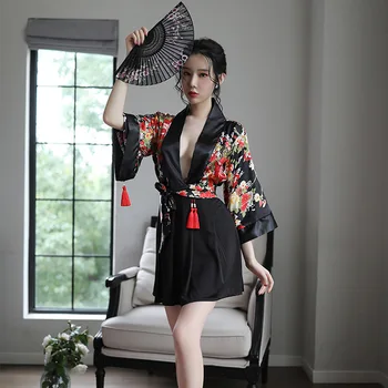 Seksi iç çamaşırı Japon üniforma seksi günaha takım elbise şifon bornoz şeffaf pijama bornoz kimono işlemeli takım elbise