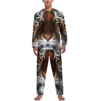Serin Kaplan Baskı Pijama Uzun Kollu Soyut Hayvan Sanat 2 Parça Uyku Pijama Set Bahar Erkekler Tasarım Sevimli Ev Suit 0