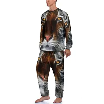Serin Kaplan Baskı Pijama Uzun Kollu Soyut Hayvan Sanat 2 Parça Uyku Pijama Set Bahar Erkekler Tasarım Sevimli Ev Suit 1