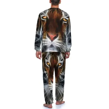 Serin Kaplan Baskı Pijama Uzun Kollu Soyut Hayvan Sanat 2 Parça Uyku Pijama Set Bahar Erkekler Tasarım Sevimli Ev Suit 3