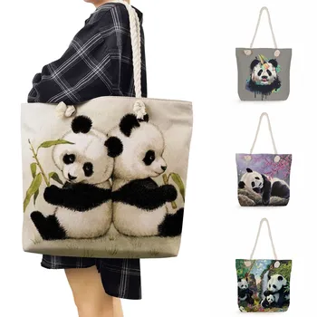 Sevimli Panda Baskılı Çanta Taşınabilir Rahat Kadın omuzdan askili çanta Öğrenci Kalın Halat Tote Çanta Bayanlar Keten Hayvan Alışveriş Çantası