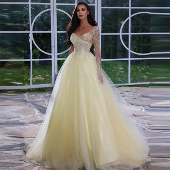 Sevintage Uzun Tül balo kıyafetleri Bir Omuz Payetli Boncuk V Yaka A-Line Abiye Uzun Kollu Düğün Parti Kıyafeti 2022