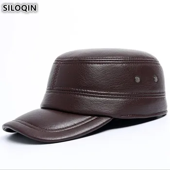 SILOQIN Yeni Hakiki Deri Şapka Sonbahar Kış erkek Sıcak Koyun Derisi Askeri Şapkalar Erkekler İçin Ayarlanabilir Boyutu Düz Kapaklar kulaklar
