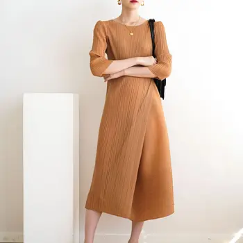 Sonbahar / İlkbahar 2022 Miyake issey Miyake Pilili Moda Düzensiz kadın Gevşek Moda 3/4 Kollu Yuvarlak Boyun Zarif Elbise