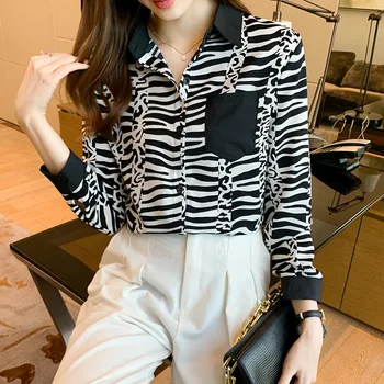 Sonbahar Yeni Moda Uzun Kollu Bayan Gömlek Çok Yönlü Panter Cep Asimetrik Üst Kore Giyim Siyah Zarif Bluz