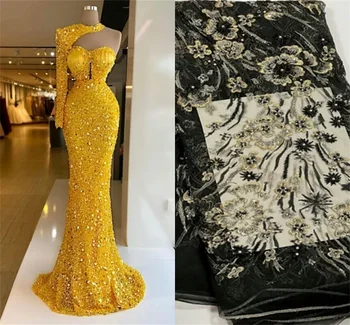 Tek omuz Altın Abiye Kollu Lüks Kristaller Mermaid balo elbisesi Suudi Arabistan Uzun Parti Resmi