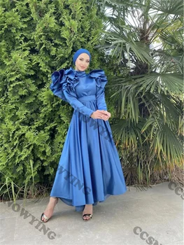 Uzun Kollu Müslüman Abiye Yüksek Boyun Saten islami başörtüsü Örgün Parti Kıyafeti Kadınlar Arapça Dubai Robe De Soiree