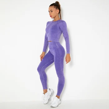 Uzun Kollu Setleri Kadınlar İçin 2 Adet Setleri Dikişsiz Spor Spor Hızlı Kuru Gömlek Ezme Yoga Tayt Nefes Egzersiz Takım Elbise