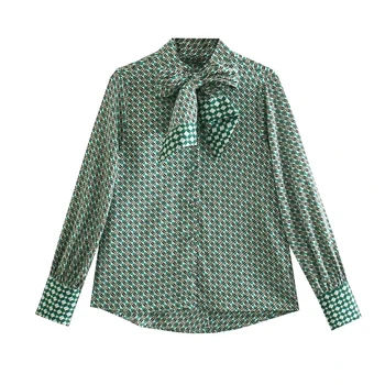 Xıtımeao kadın 2022 Moda Trendi Geometrik Desen Yeşil Baskılı Üst Vintage Uzun Kollu Düğme Bluz Bluras Şık Üst