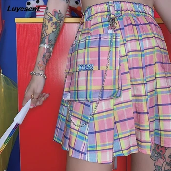 Y2k Ekose Kız Pilili Mini Etek Renkli Seksi Bayan Yüksek Bel Harajuku Tatlı Etekler Cep Zincirleri Goth Kore Moda Giyim