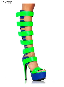 Yaz kadın yeşil mavi karışık uzun sandal boots çok kanca & döngü tasarım platformu topuk Gladyatör boot parti kulübü modeli gösterisi
