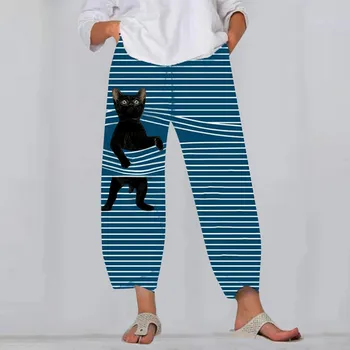 Yaz Yüksek Bel kadın Moda Geniş Bacak Rahat Elastik Bel Çizgili Gevşek Culotte Kırpılmış Pantolon Kedi Köpek Baskı Pantolon