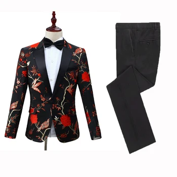 Yeni Erkek Takım Elbise Düğün İçin Özel Yapılmış Parti Takım Elbise Akşam Yemeği Takım Elbise Damat Giyim En İyi Erkek Giyim 2 Adet Baskılı Takım Elbise(Ceket + Pantolon) 0