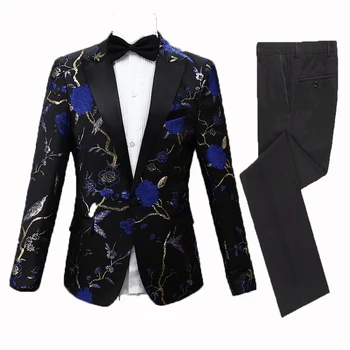 Yeni Erkek Takım Elbise Düğün İçin Özel Yapılmış Parti Takım Elbise Akşam Yemeği Takım Elbise Damat Giyim En İyi Erkek Giyim 2 Adet Baskılı Takım Elbise(Ceket + Pantolon) 1