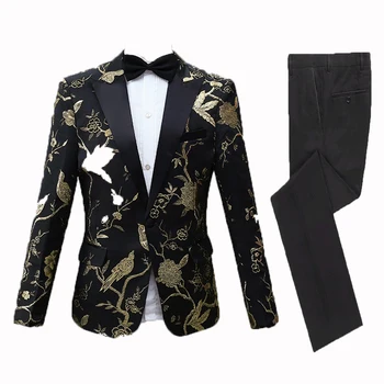 Yeni Erkek Takım Elbise Düğün İçin Özel Yapılmış Parti Takım Elbise Akşam Yemeği Takım Elbise Damat Giyim En İyi Erkek Giyim 2 Adet Baskılı Takım Elbise(Ceket + Pantolon) 3
