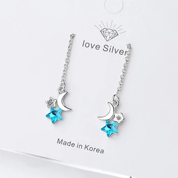 Yeni Moda 925 Ayar Gümüş Küpe Kız Mavi Kristal Zirkon Yıldız Ay Uzun Püskül Küpe Kadınlar İçin Nişan Aksesuarları
