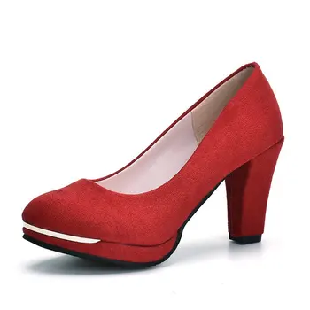 Yeni Yuvarlak Ayak Kalın Topuk Pompaları Moda Platformu Kadın Pompaları 9 cm Seksi Son Derece Yüksek Topuklu Kırmızı Elbise Düğün Bayanlar Pompaları