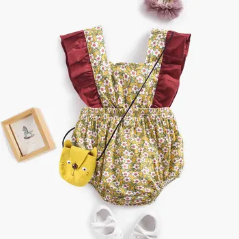 Yenidoğan Bebek Kız Çiçek Baskı fırfırlı kıyafet 2022 Yeni Yaz Bebek Kolsuz Bodysuits Geri Bandaj Tulumlar Playsuits Kumaş 0