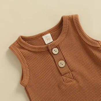 Yenidoğan Örme Giysi Set Yaz Rahat Bebek Erkek Kız Kolsuz Düğmeler Romper Tops + Elastik Bel Şort 1