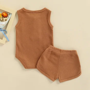 Yenidoğan Örme Giysi Set Yaz Rahat Bebek Erkek Kız Kolsuz Düğmeler Romper Tops + Elastik Bel Şort 4