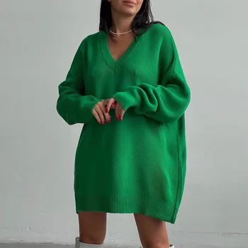 Yeşil Kış Örme Kazaklar Gevşek Uzun Kollu V Yaka kazak Elbise Moda Parti Rahat Seksi Kulübü Kazak Tops