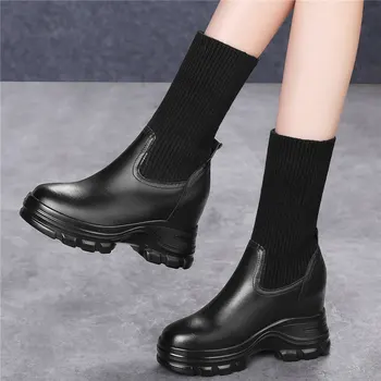 Yüksekliği Artan Moda Ayakkabı Kadın Hakiki Deri Yüksek Topuk yarım çizmeler Kadın Yüksek Top Kış Sıcak Pompaları rahat ayakkabılar
