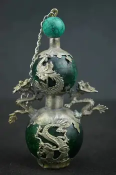 Çin Tibet gümüş Ejderha ve Phoenix yeşil Yeşim enfiye şişesi
