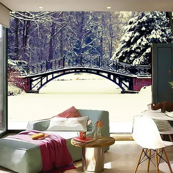 Özel 3D duvar resimleri, 3d Kış Köprüler Parklar Kar Doğa duvar kağıtları, oturma odası kanepe TV duvar yatak odası duvar kağıdı