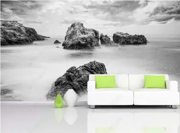 Özel duvar 3d fotoğraf duvar kağıdı HD siyah ve beyaz kaya plaj sis ev dekor duvar kağıdı oturma odası için modern ev