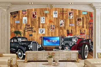 Özel duvar, Avrupa tahta ahşap duvar nostaljik araba fotoğrafları duvar kağıdı, restoran bar oturma odası tv kanepe duvar yatak odası papel de parede