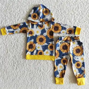 Bebek Kız Butik Giyim Uzun Kollu Hoodie Ayçiçeği Gömlek Pantolon Kazak Çocuk Setleri Çocuklar Sarı Toptan Moda Kıyafet