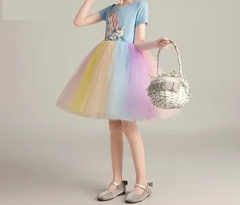 Karikatür unicorn kostüm çocuklar için Performans gösterisi gökkuşağı renk elbise Romantik elbise 0