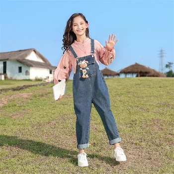 Kız Kayış Kot Setleri Moda Çocuk Tulum 2022 Bahar Yeni Çocuk Gömlek Denim Tulum İki parçalı Gençler Okul Gevşek Kıyafetler
