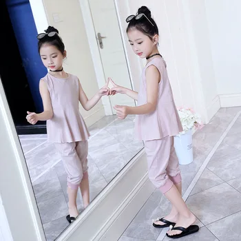 Kız Takım Elbise Yaz 2019 Yeni Moda Takım Elbise Batı Tarzı Moda Gelgit Cuhk Çocuk Yaz İki parçalı Saf Renk